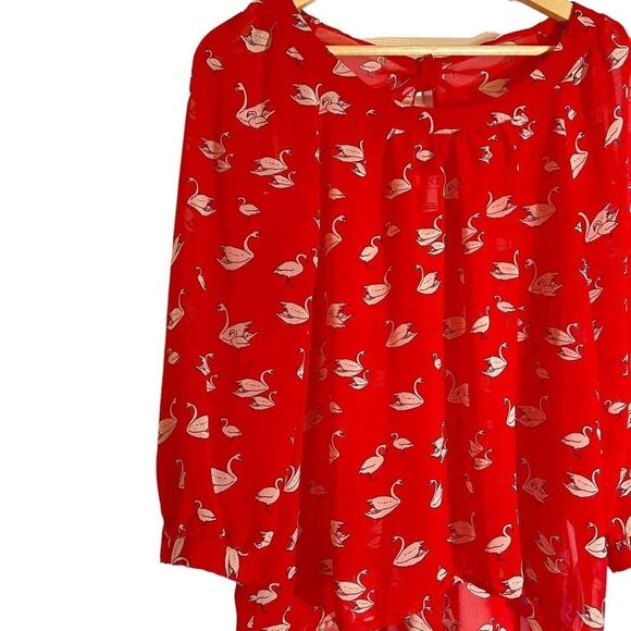 XXI Red Swan Sheer Summer Top Blouse 3/4 sleeve Large - Picture 2 of 4